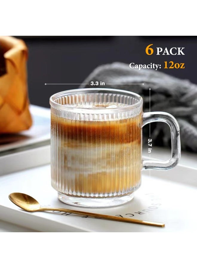 LODROC 6 PACK Premium Glass Coffee Mugs with Handle, 12 OZ Classic Vertical Stripes Glass Coffee Cups, Transparent Tea Cup for Hot/Cold Beverages, Glassware Set for Americano, Latte, Cappuccino - Image 2